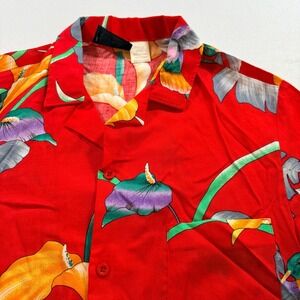 Frank Hawaiian Shirt Men Large Red Rayon Floral Hummingbird Tropical Made in USA